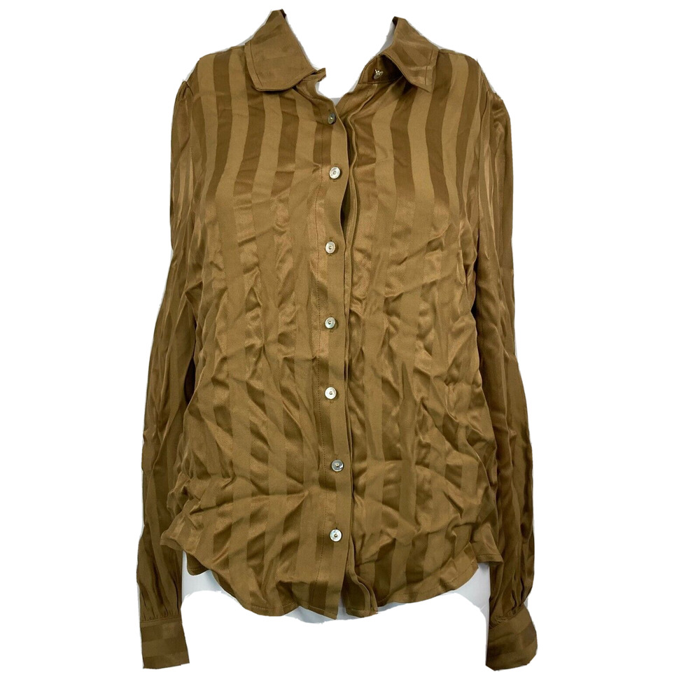 Heartloom Blouse Womens Sz M Brown Satin‎ Striped Collared Button Up Shirt
